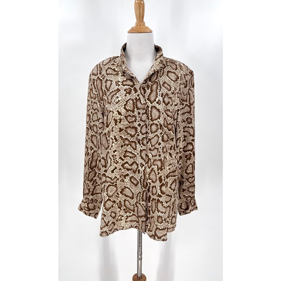BALLA VALENTINA Shirt Womens Medium Cream Brown Snake Python Print Silk Blouse - Picture 1 of 16